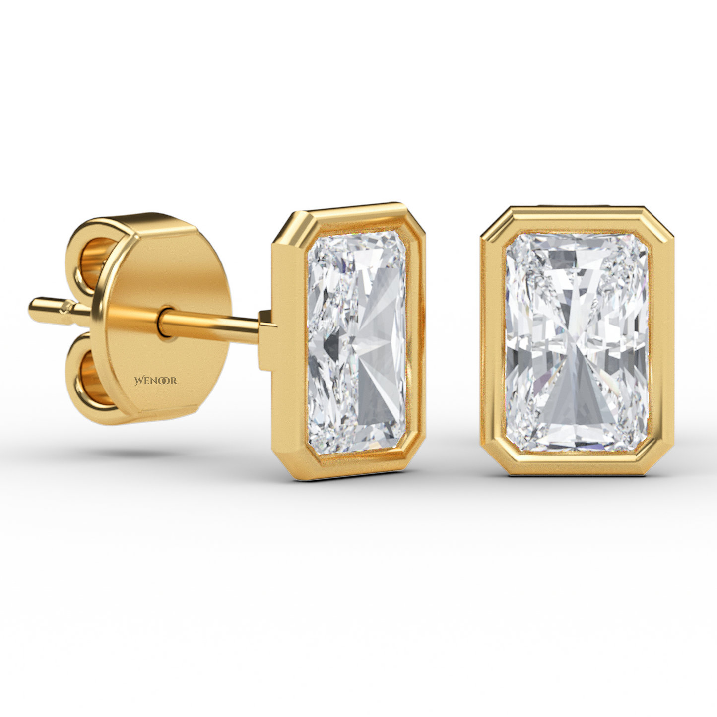 Ethical radiant cut diamond earrings in recycled gold bezel setting – IGI certified