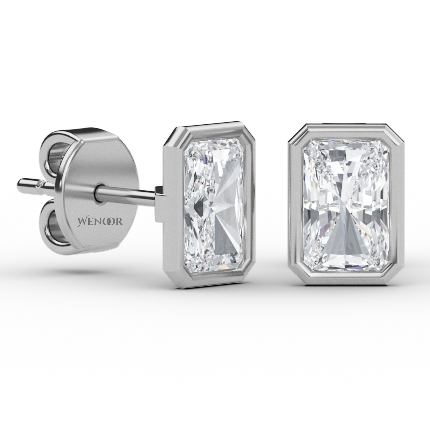 Ethical radiant cut diamond earrings in recycled gold bezel setting – IGI certified