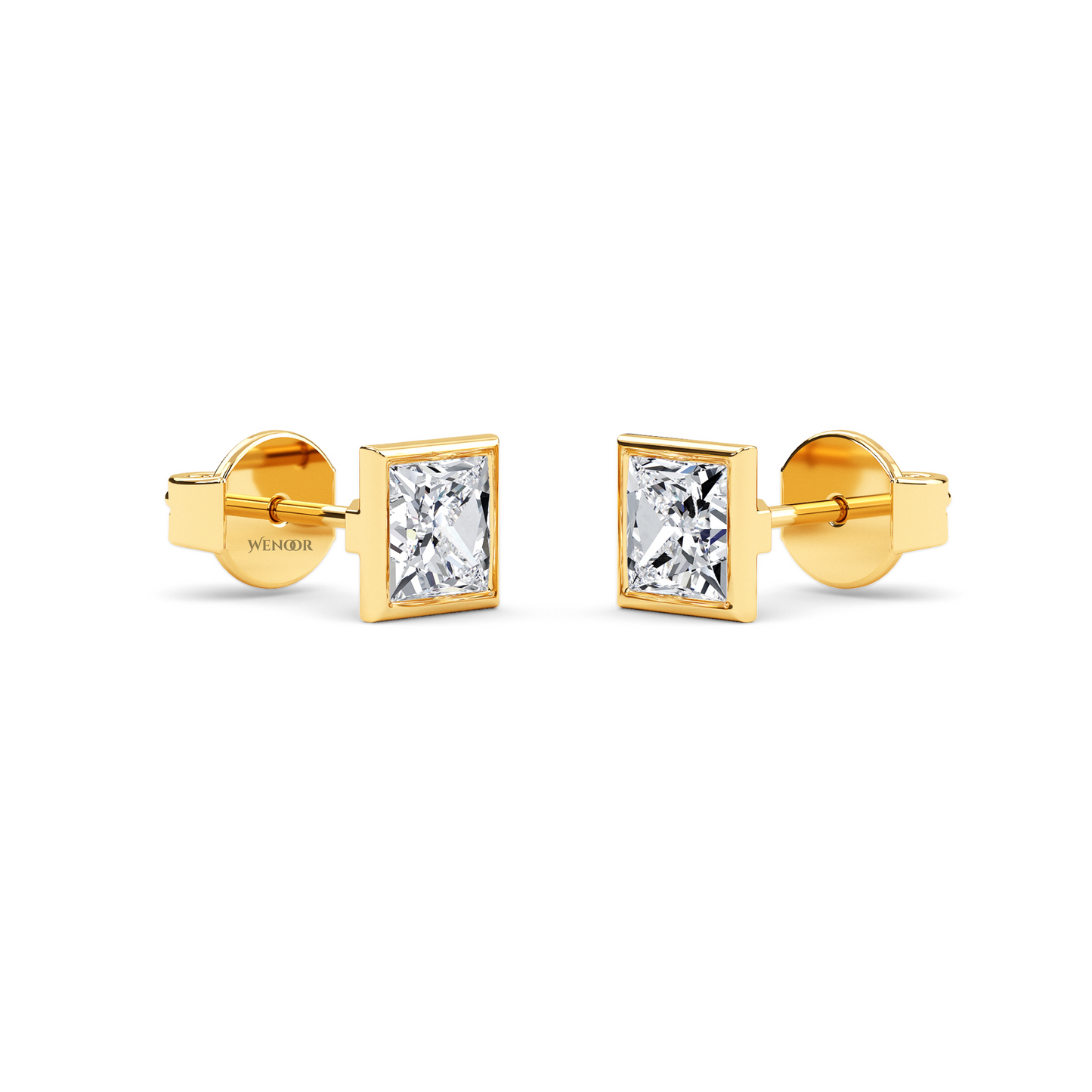 Princess cut bezel lab diamond stud earrings in 14K gold - sustainable luxury studs