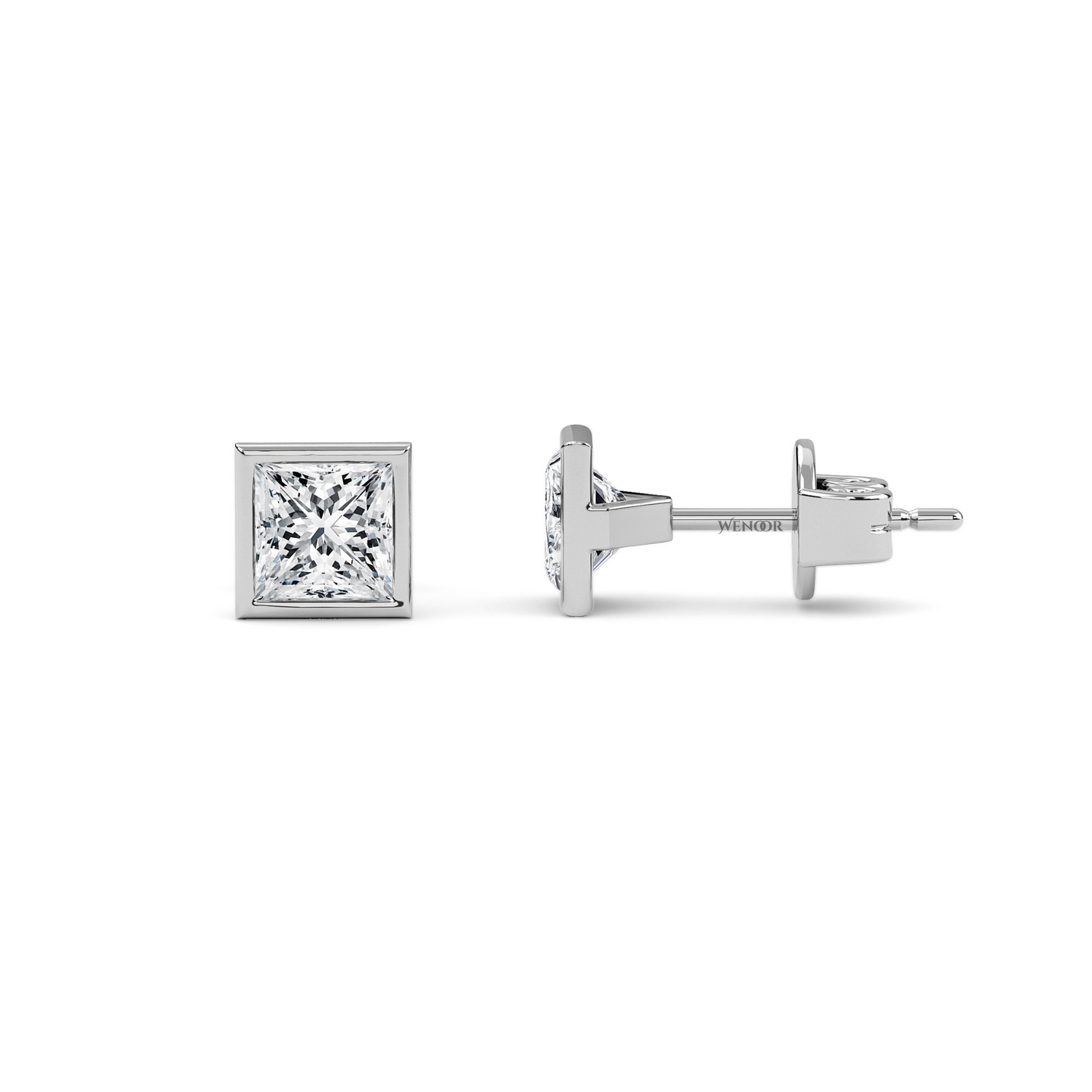 Princess cut bezel lab diamond stud earrings in 14K gold - sustainable luxury studs