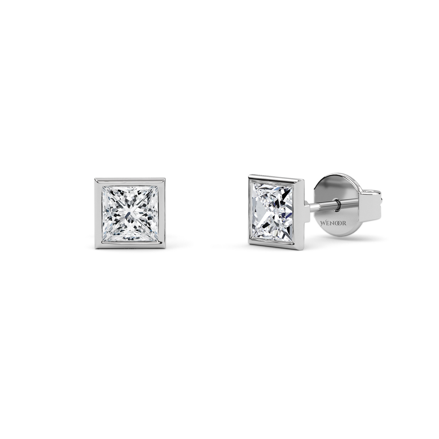 Princess cut bezel lab diamond stud earrings in 14K gold - sustainable luxury studs