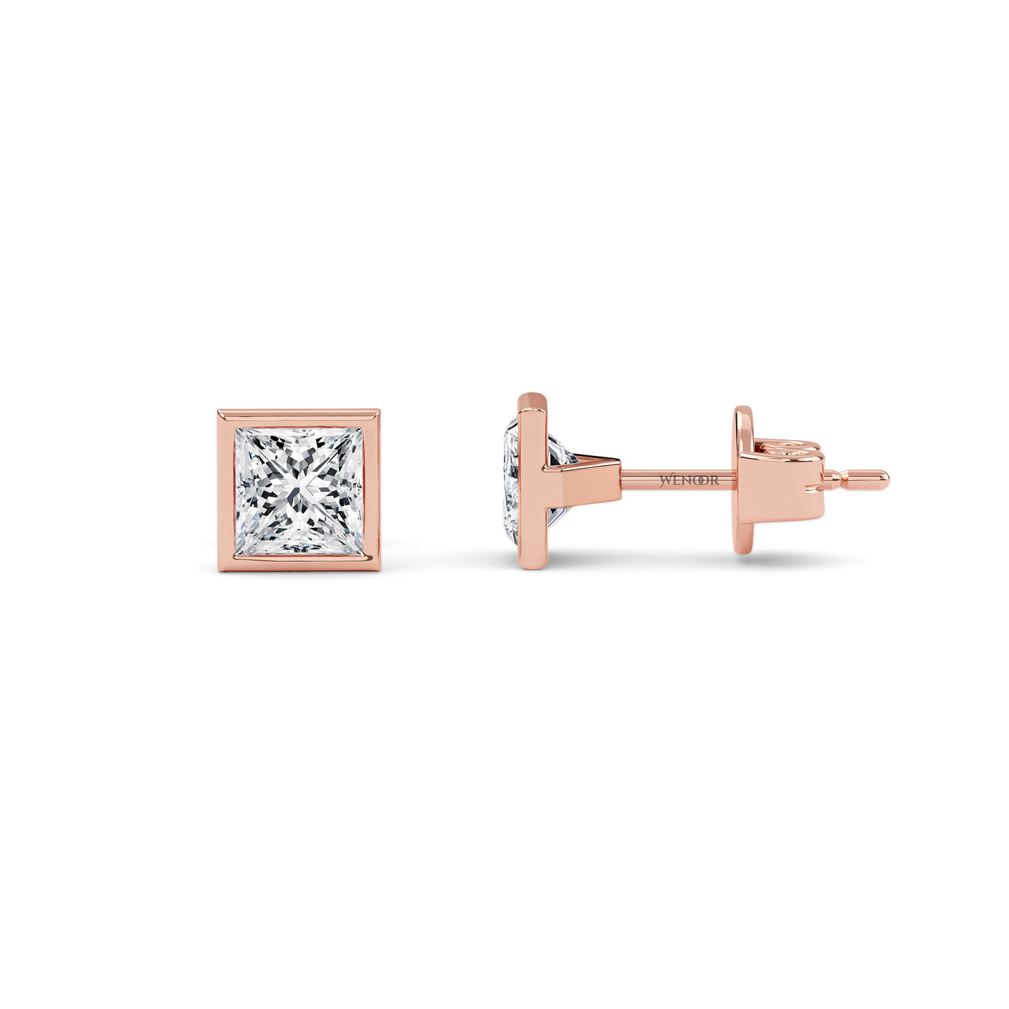 Princess cut bezel lab diamond stud earrings in 14K gold - sustainable luxury studs