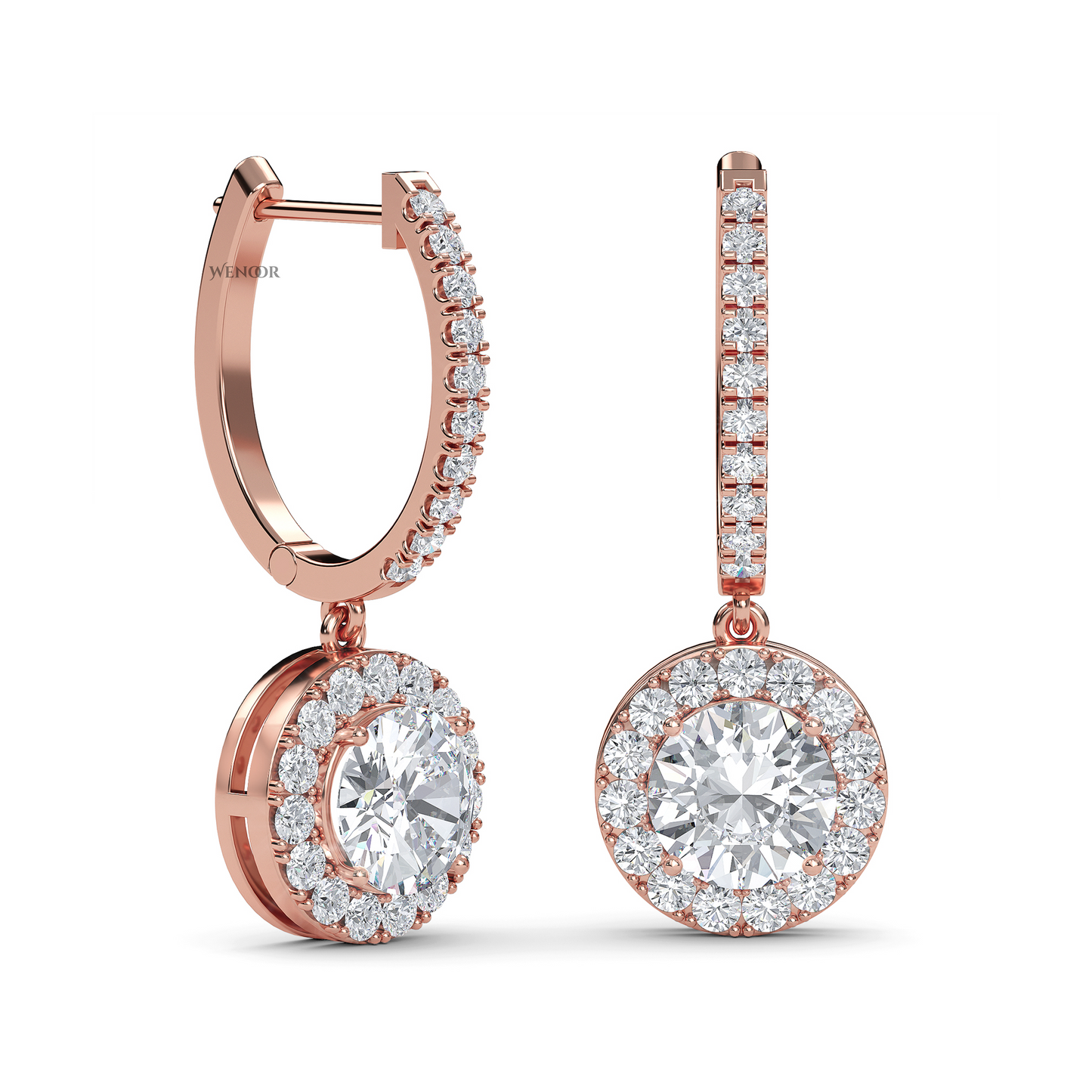 Round halo dangle earrings with lab grown diamonds in 14K gold