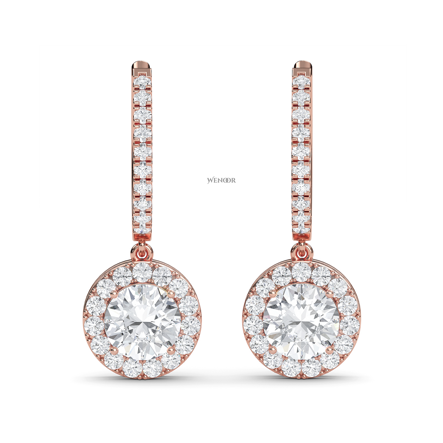Round halo dangle earrings with lab grown diamonds in 14K gold