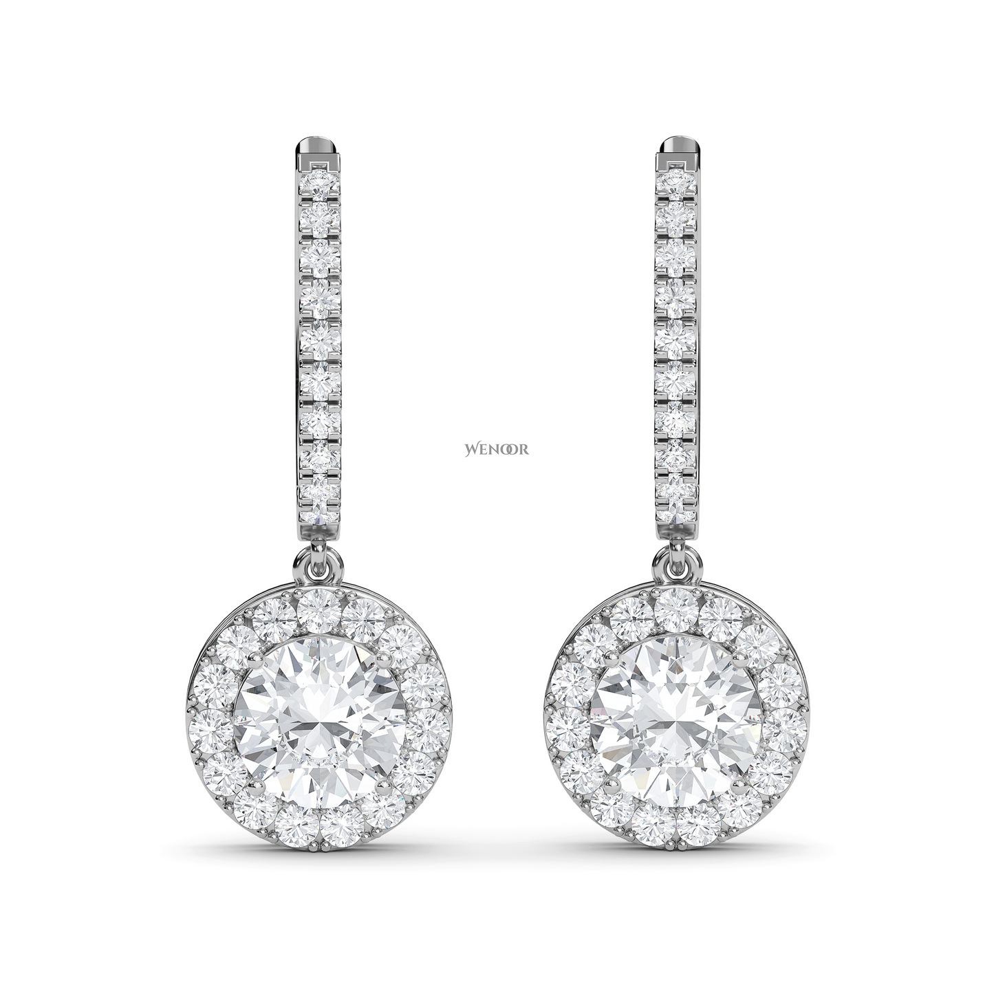 Round halo dangle earrings with lab grown diamonds in 14K gold