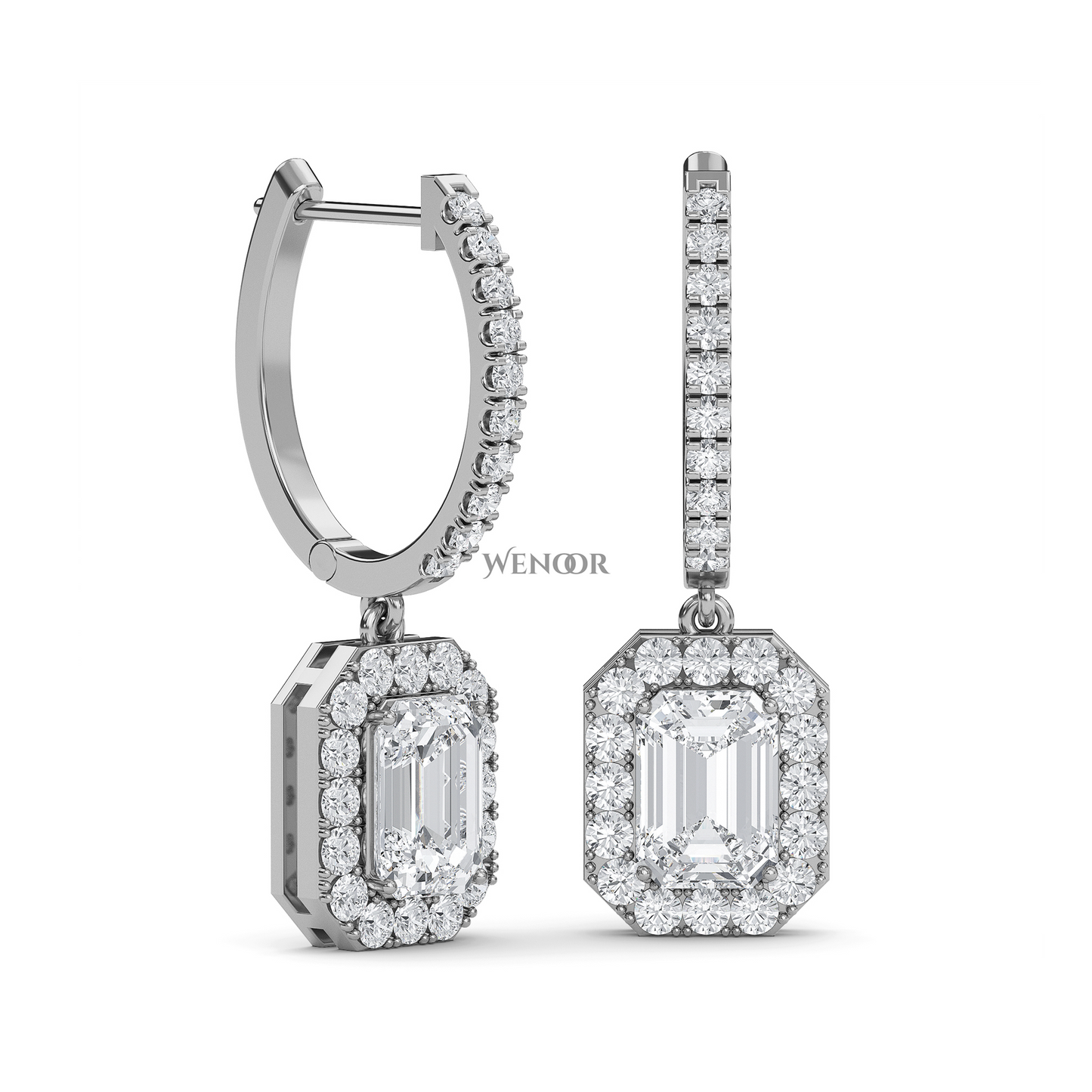 Luxury 18k Gold Dangle Drop Earrings with Emerald Cut Lab Diamond & Halo of Brilliant Stones