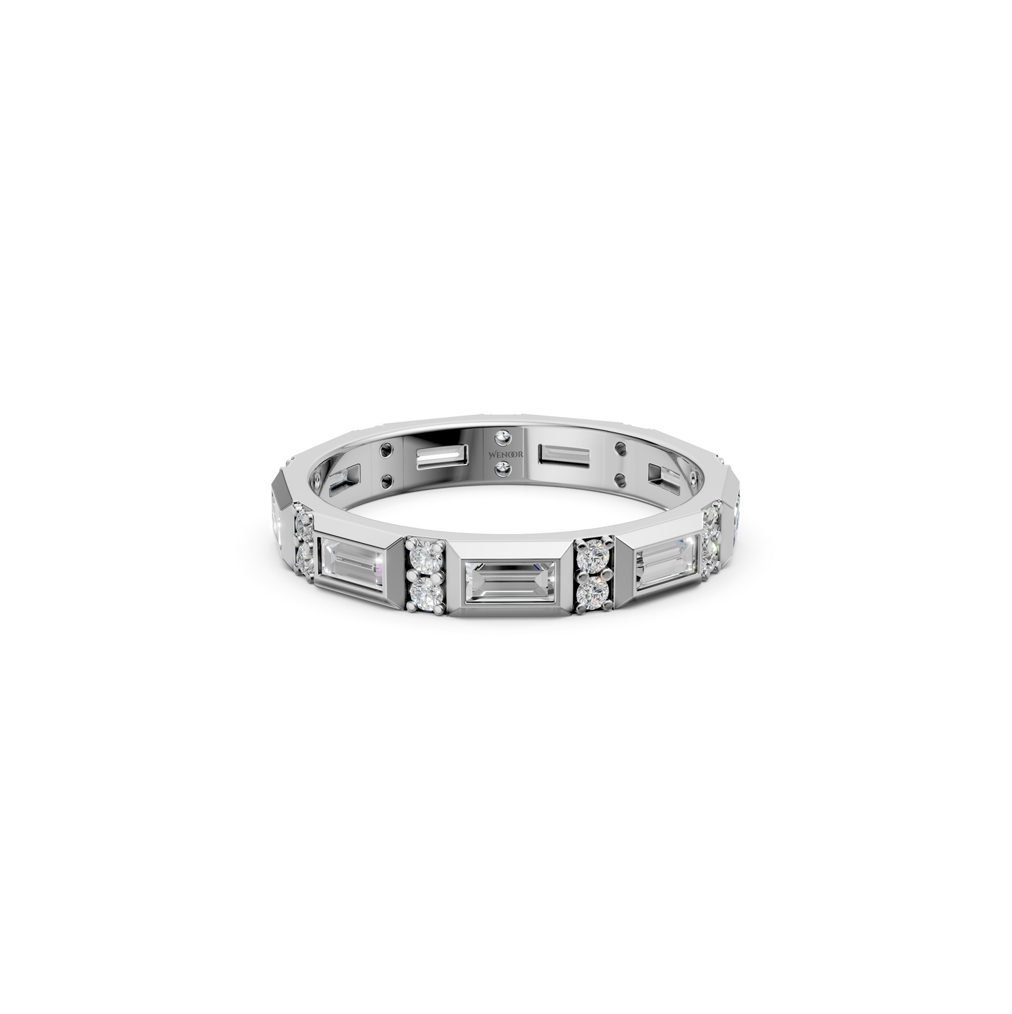 Luxurious bezel set eternity band featuring sparkling round diamonds and geometric baguette cut lab diamonds in rich 14K gold