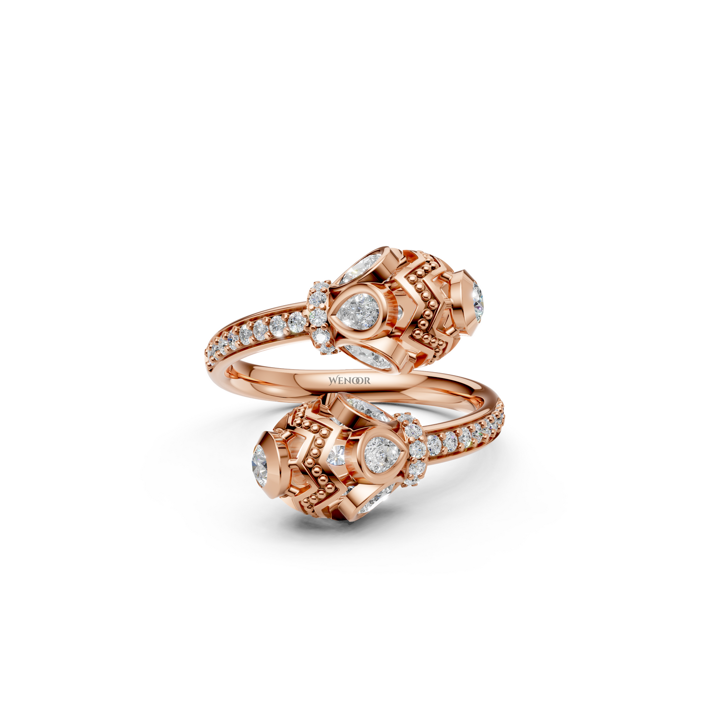 Dainty 14K gold wedding Ring with round and pear cut lab diamonds for a love story as timeless as its vintage design.