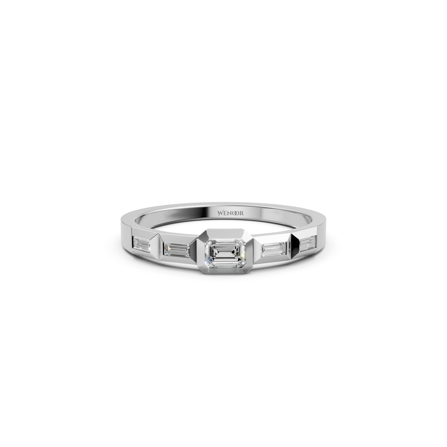 Emerald lab diamond engagement ring in bezel setting with pavé accent band gold solitaire bridal ring