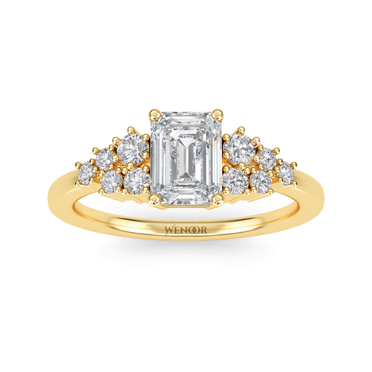 Unique east west emerald cut diamond ring with a geometric white yellow rose gold band for emerald cut diamond accent style ring