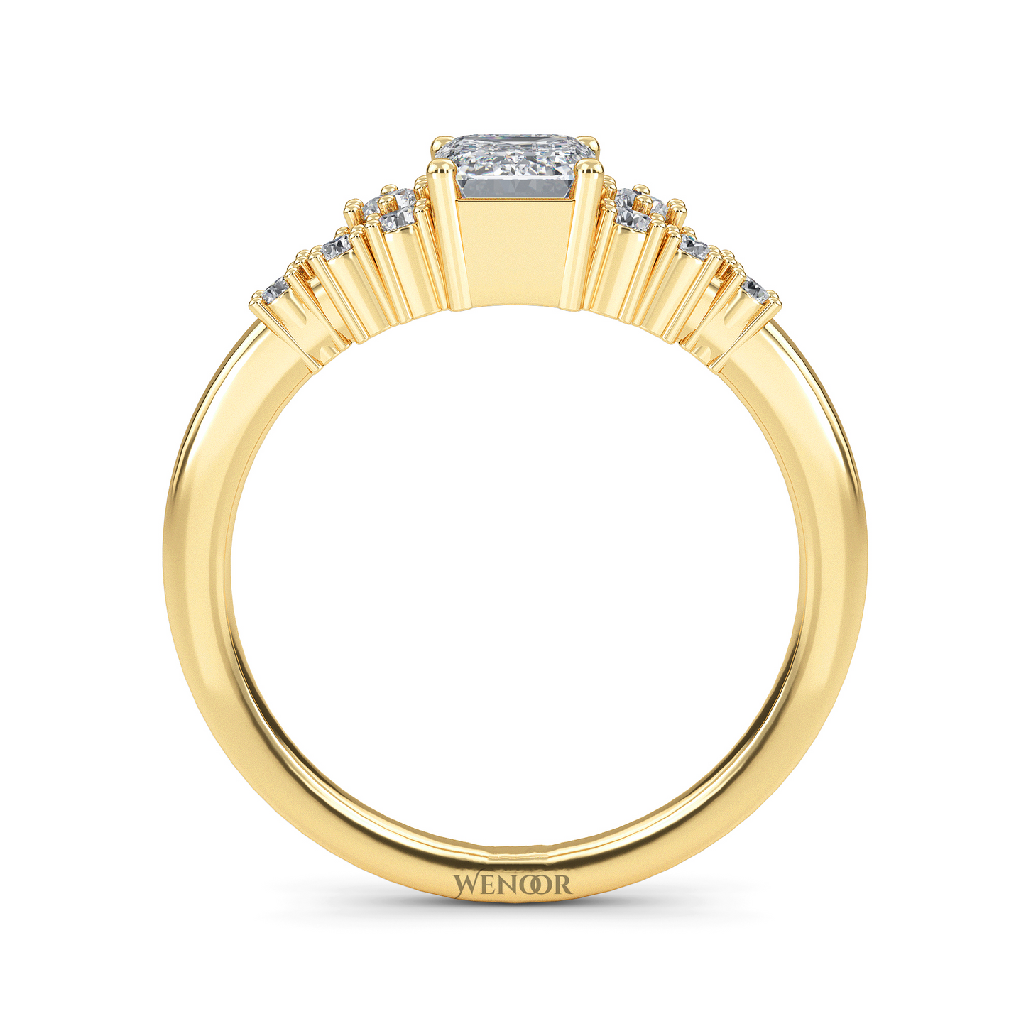 Unique east west emerald cut diamond ring with a geometric white yellow rose gold band for emerald cut diamond accent style ring
