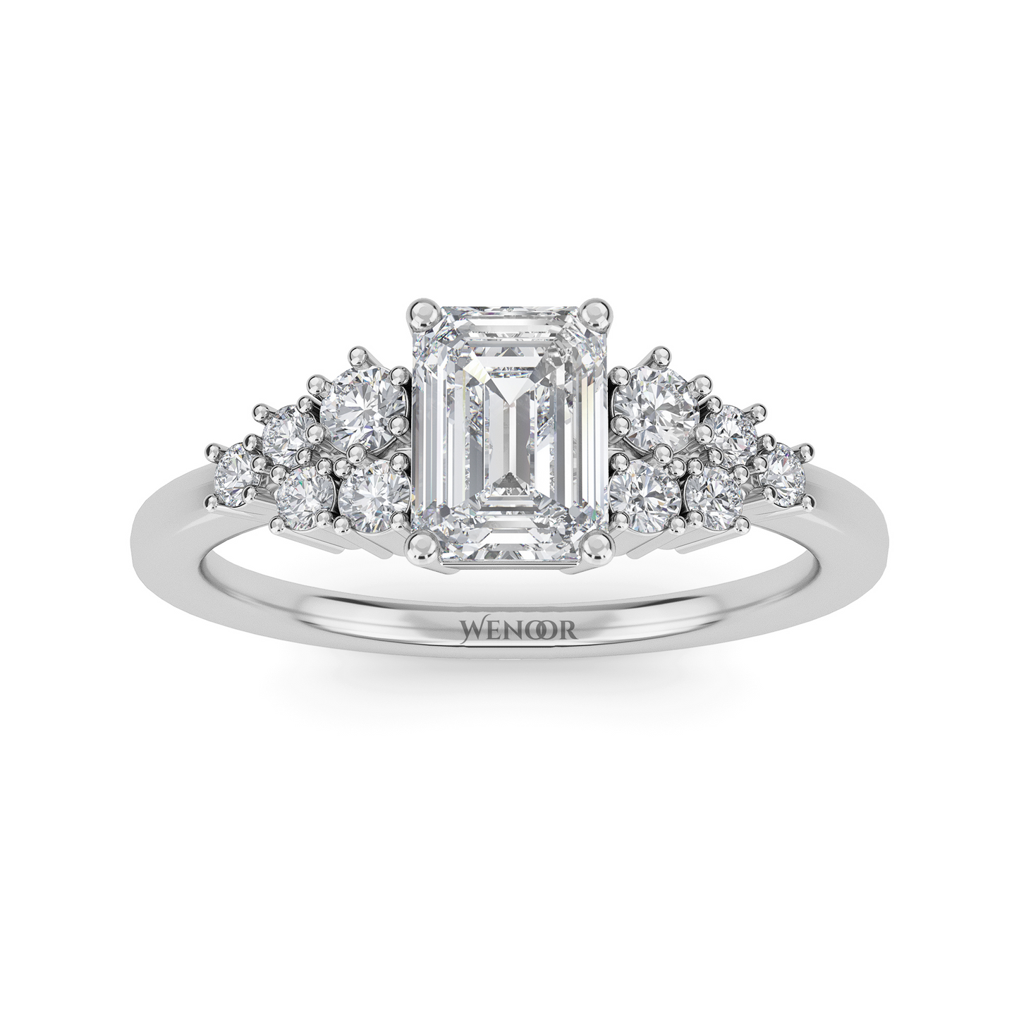 Unique east west emerald cut diamond ring with a geometric white yellow rose gold band for emerald cut diamond accent style ring