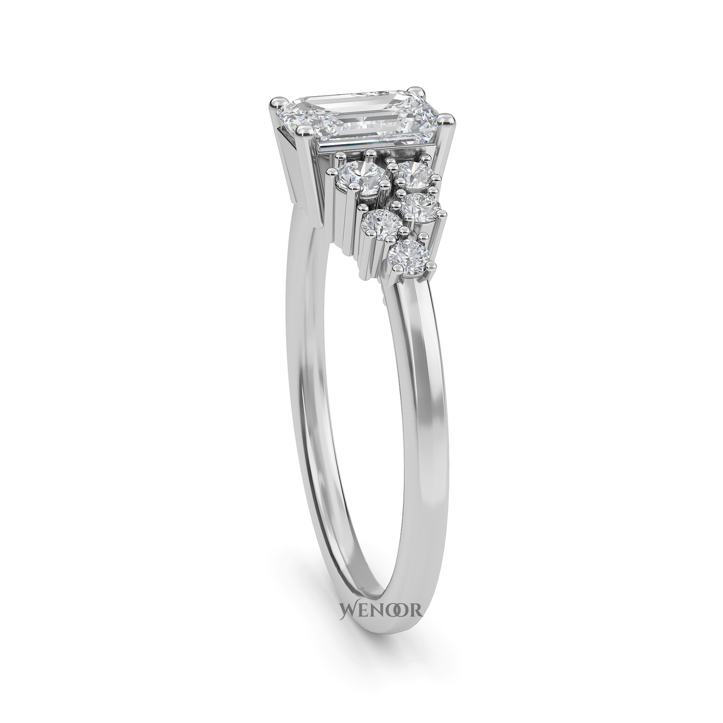 Unique east west emerald cut diamond ring with a geometric white yellow rose gold band for emerald cut diamond accent style ring