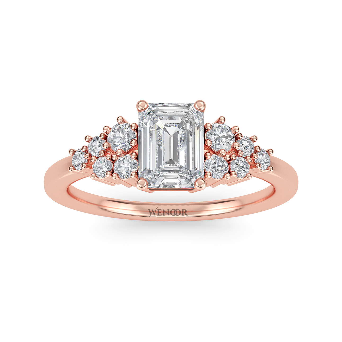 Unique east west emerald cut diamond ring with a geometric white yellow rose gold band for emerald cut diamond accent style ring
