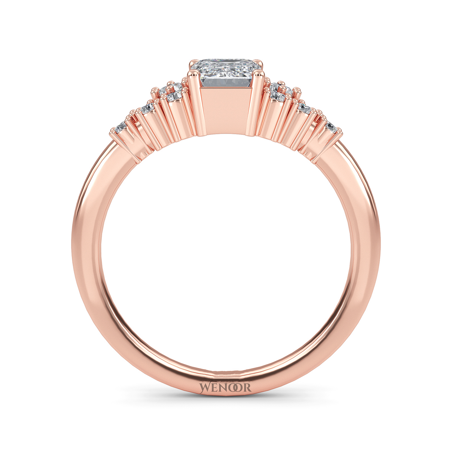 Unique east west emerald cut diamond ring with a geometric white yellow rose gold band for emerald cut diamond accent style ring