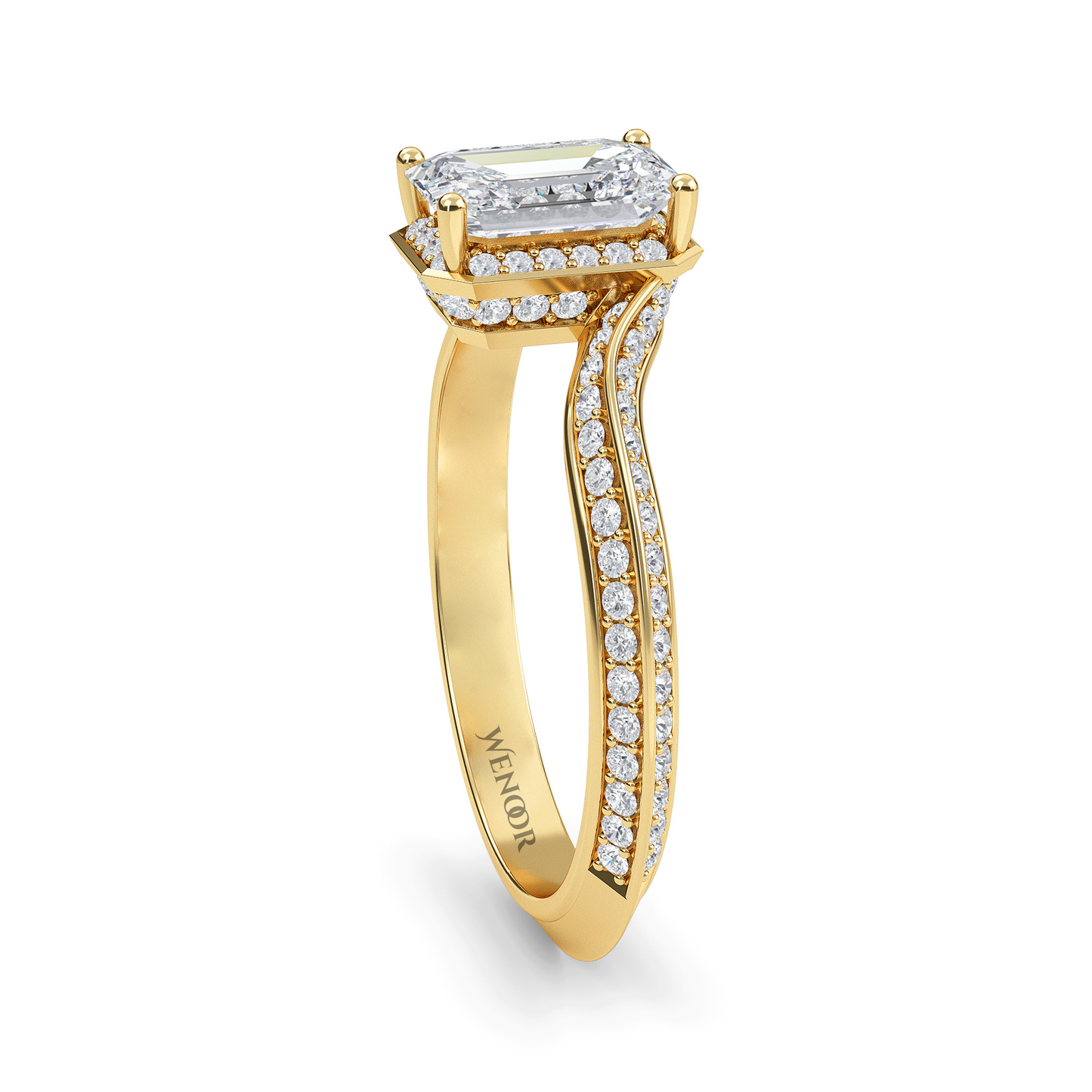 Timeless emerald cut lab diamond engagement ring elongated silhouette for finger lengthening elegance.