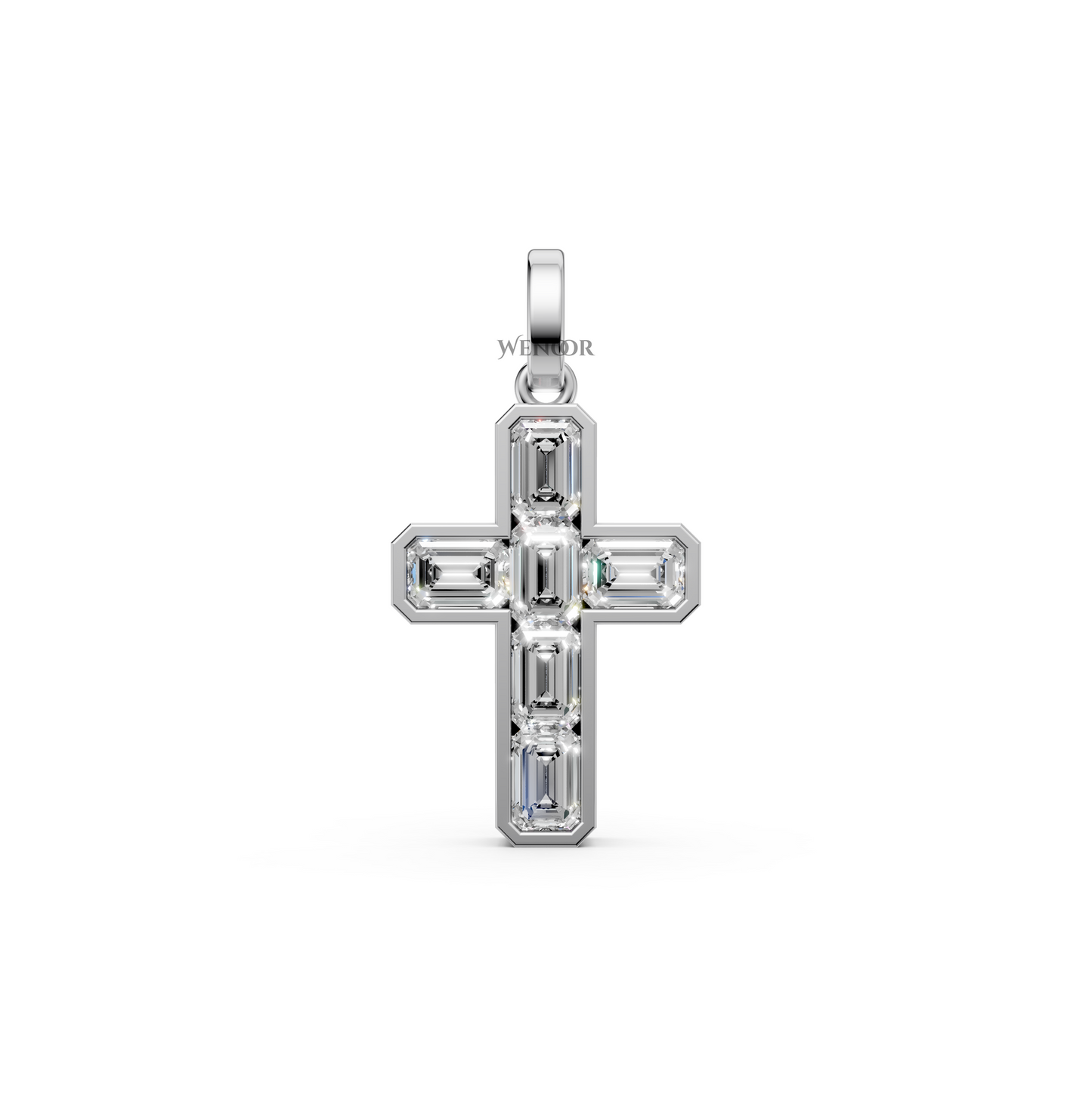 Alma Jesus cross pendant with six emerald-cut lab grown diamonds bordered in 14K/18K Yellow gold