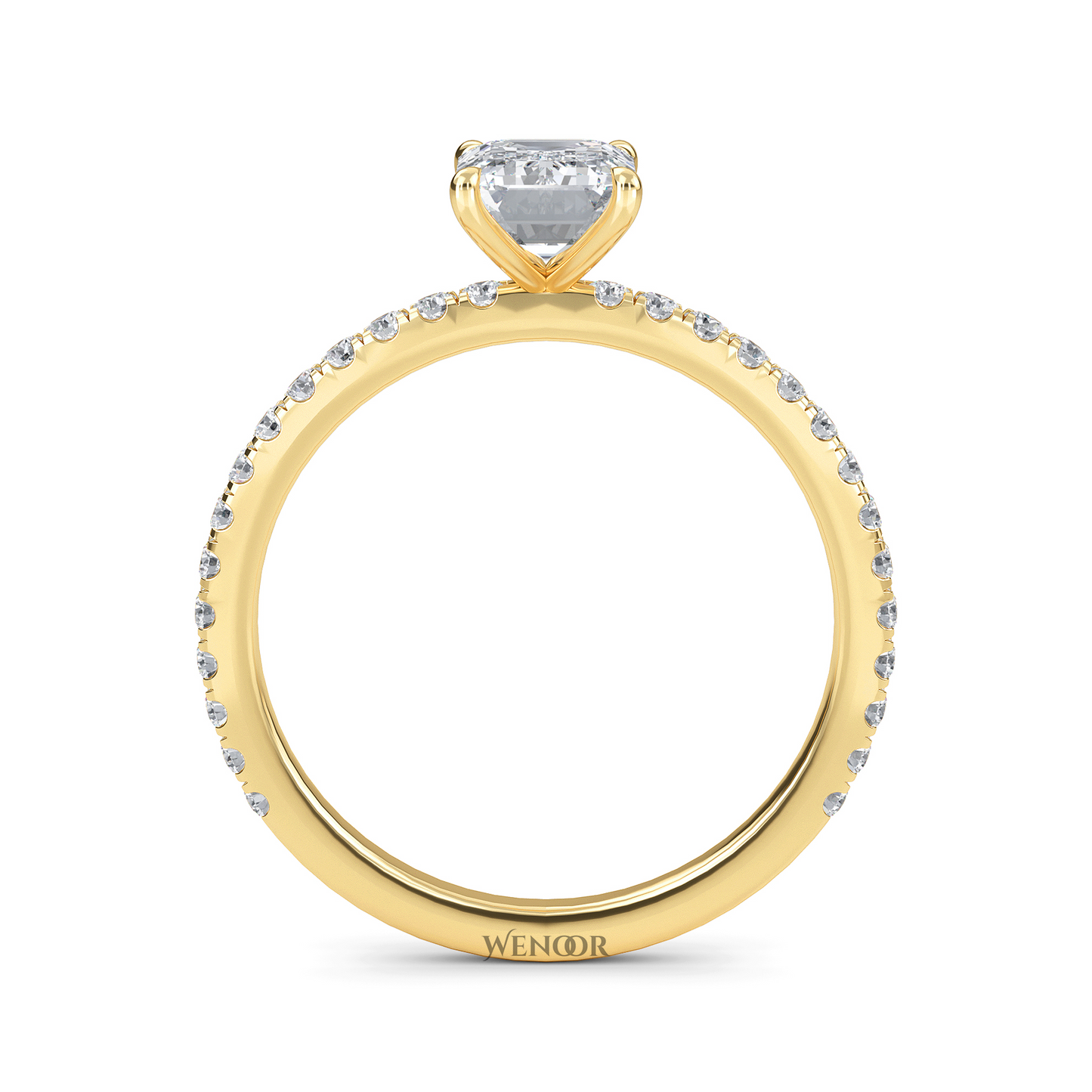 Bride's hand wearing emerald cut lab diamond engagement ring