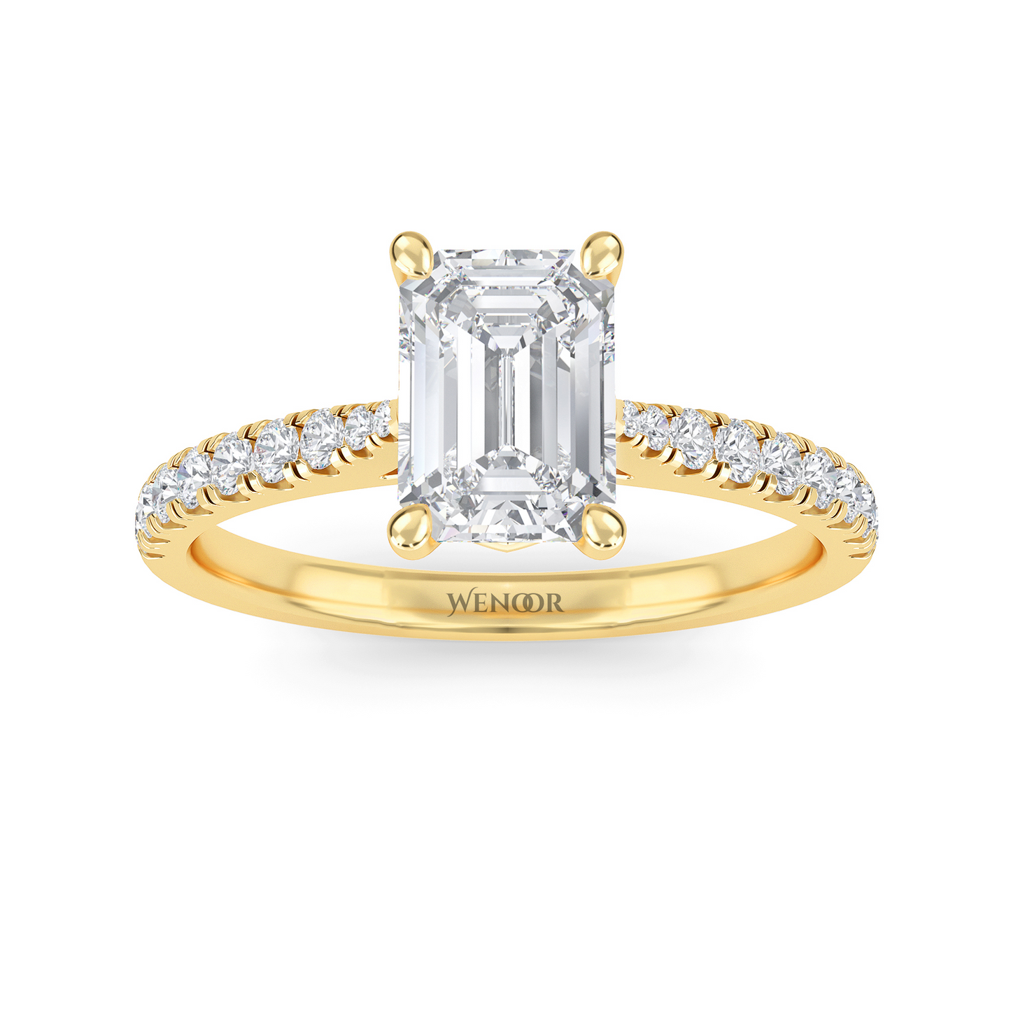 Amerald cut lab grown diamond ring with a gold band and accent side stones, featuring a brilliant step cut center stone