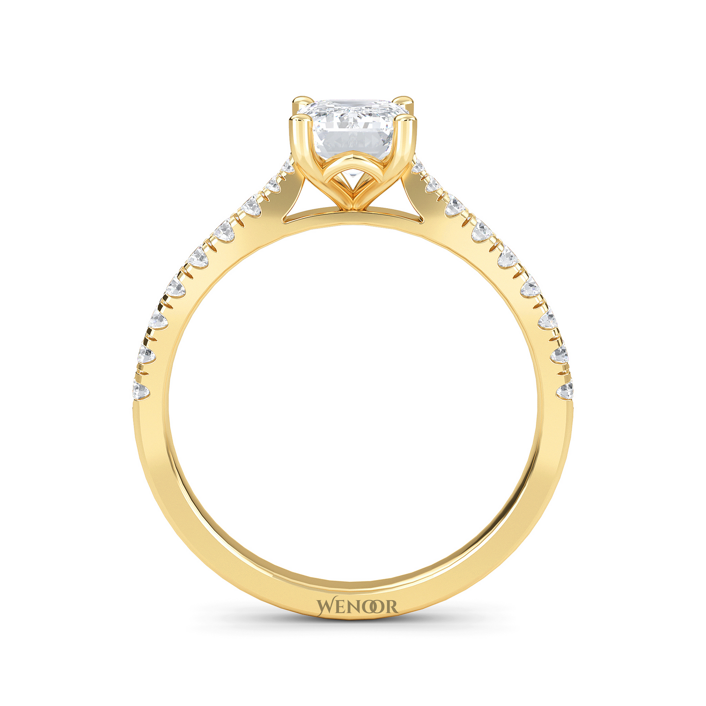 Amerald cut lab grown diamond ring with a gold band and accent side stones, featuring a brilliant step cut center stone
