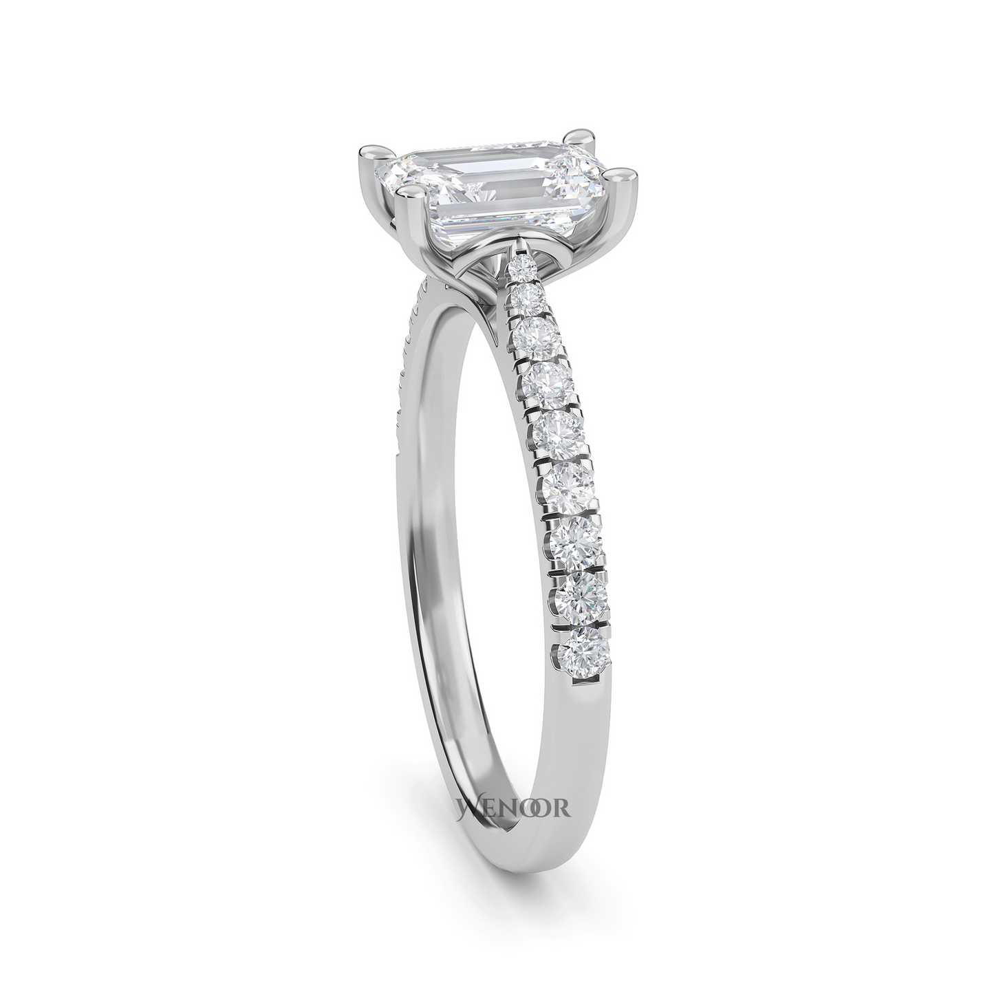 Amerald cut lab grown diamond ring with a gold band and accent side stones, featuring a brilliant step cut center stone