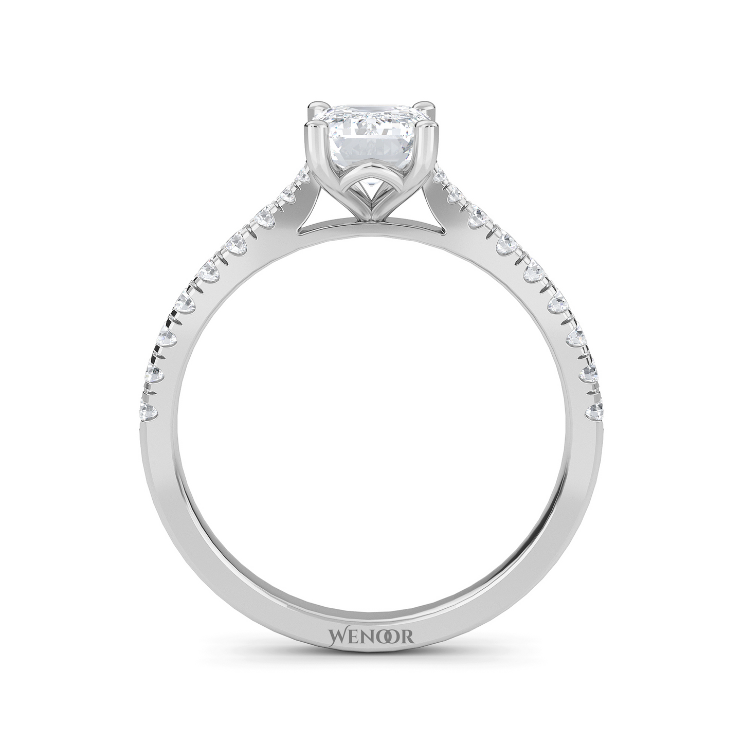 Amerald cut lab grown diamond ring with a gold band and accent side stones, featuring a brilliant step cut center stone