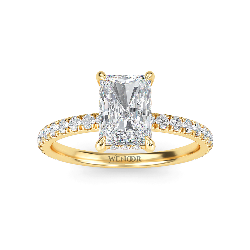 Modern radiant cut engagement ring with hidden halo accents, crafted with conflict free lab grown diamonds