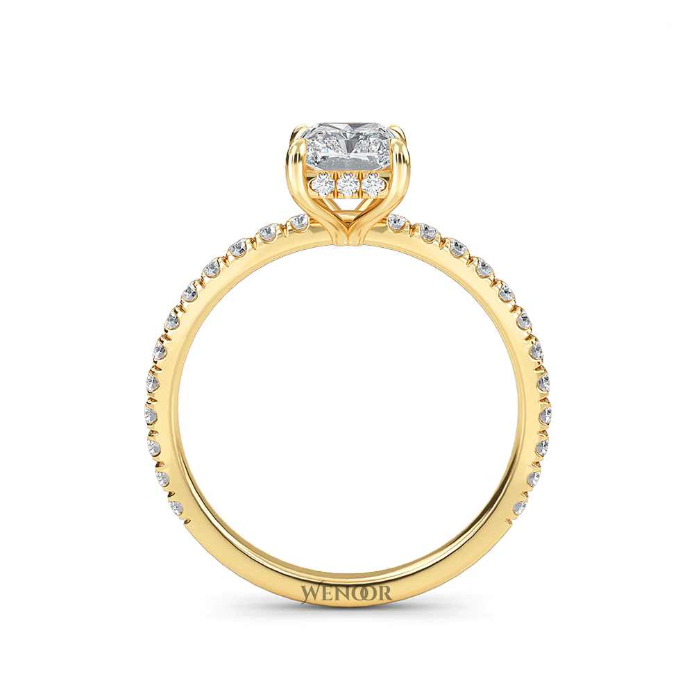 Modern radiant cut engagement ring with hidden halo accents, crafted with conflict free lab grown diamonds