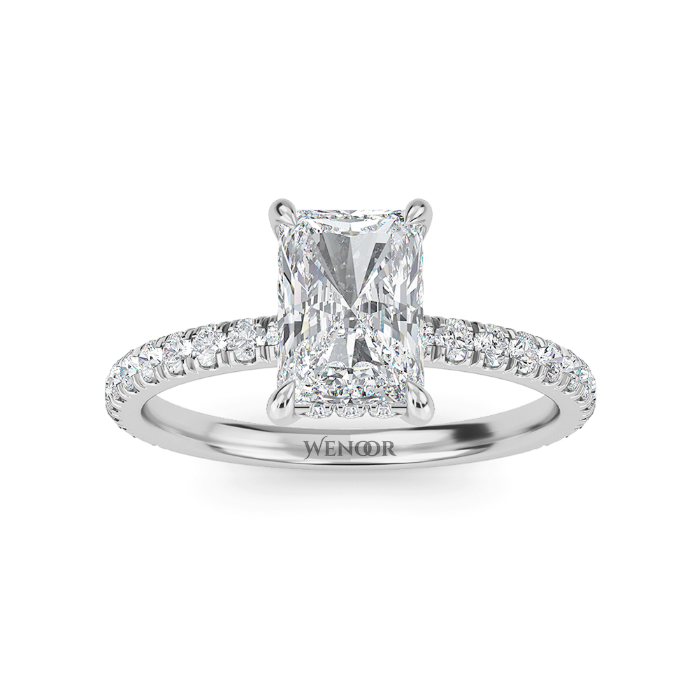Modern radiant cut engagement ring with hidden halo accents, crafted with conflict free lab grown diamonds
