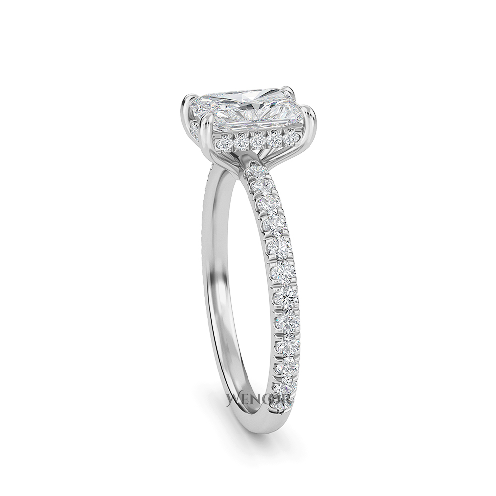 Modern radiant cut engagement ring with hidden halo accents, crafted with conflict free lab grown diamonds