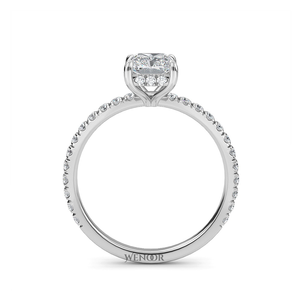 Modern radiant cut engagement ring with hidden halo accents, crafted with conflict free lab grown diamonds