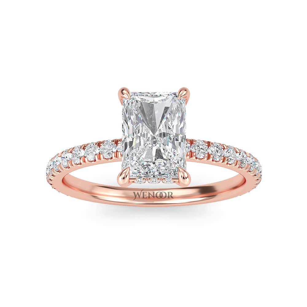 Modern radiant cut engagement ring with hidden halo accents, crafted with conflict free lab grown diamonds