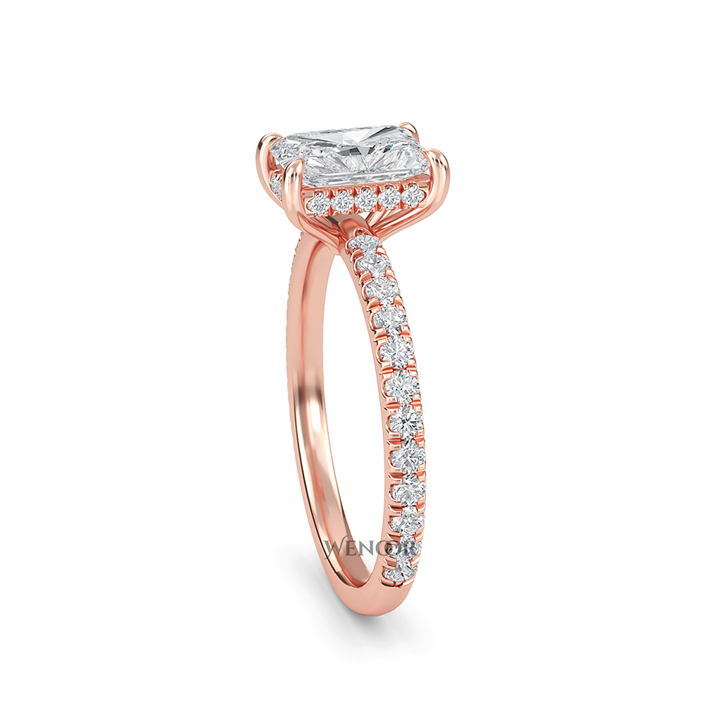 Modern radiant cut engagement ring with hidden halo accents, crafted with conflict free lab grown diamonds
