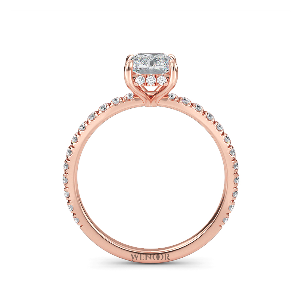 Modern radiant cut engagement ring with hidden halo accents, crafted with conflict free lab grown diamonds