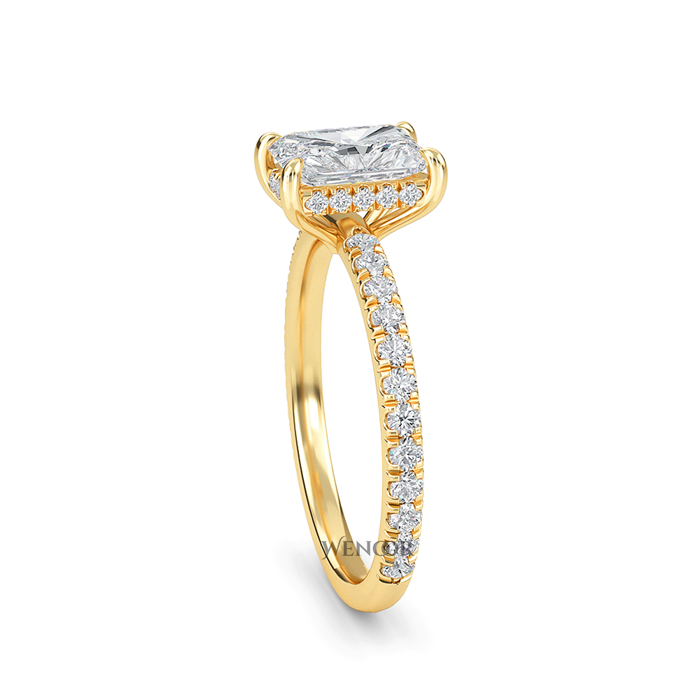 Modern radiant cut engagement ring with hidden halo accents, crafted with conflict free lab grown diamonds