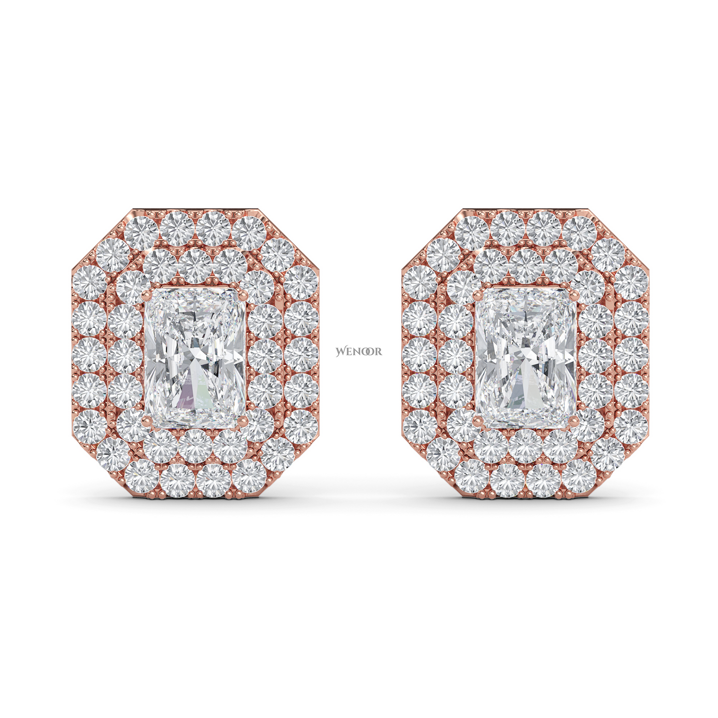 Radiant cut double halo Art Deco lab grown diamond stud earrings for women