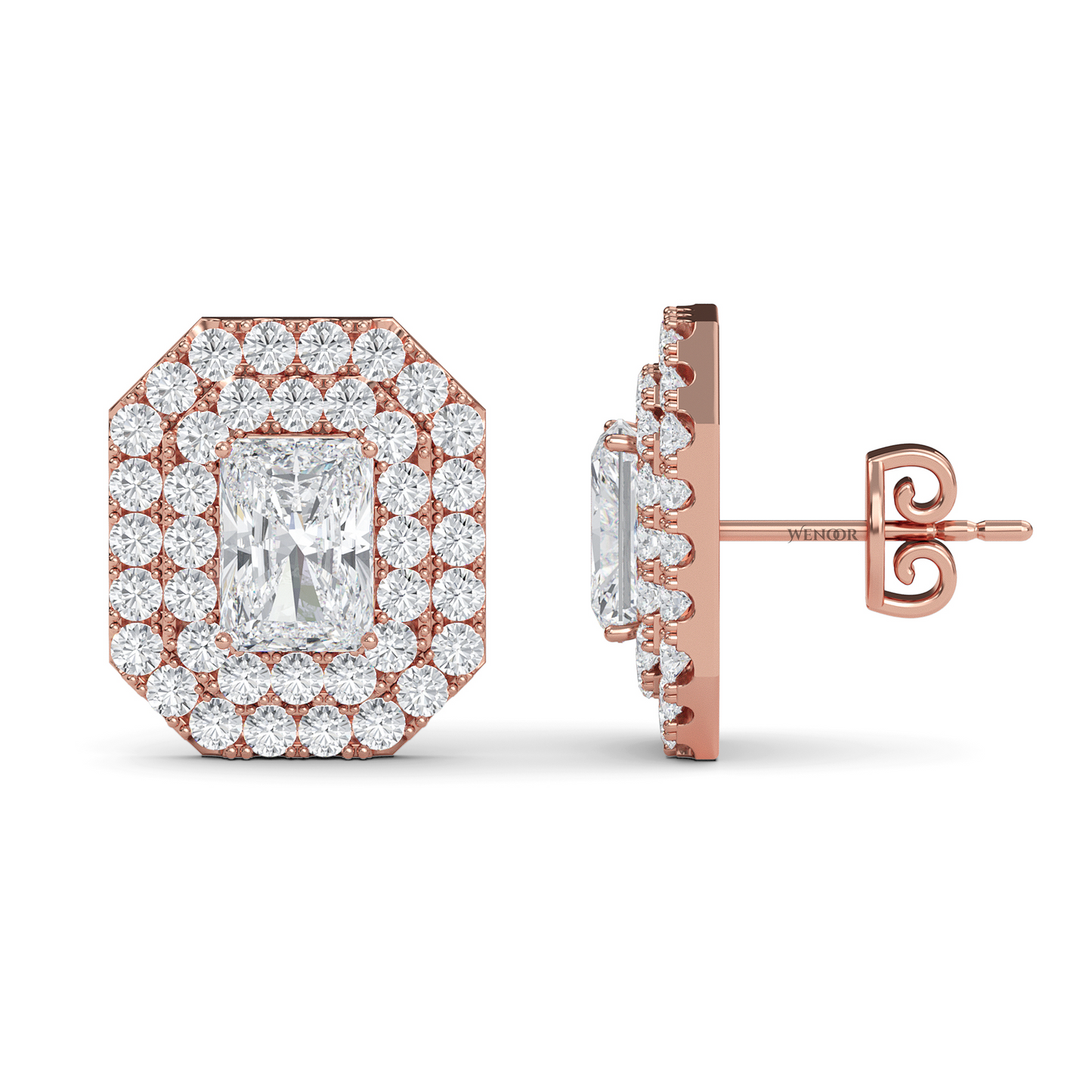 Radiant cut double halo Art Deco lab grown diamond stud earrings for women