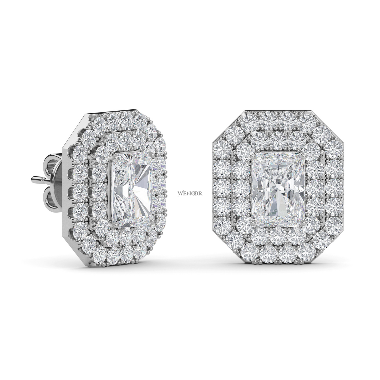 Radiant cut double halo Art Deco lab grown diamond stud earrings for women