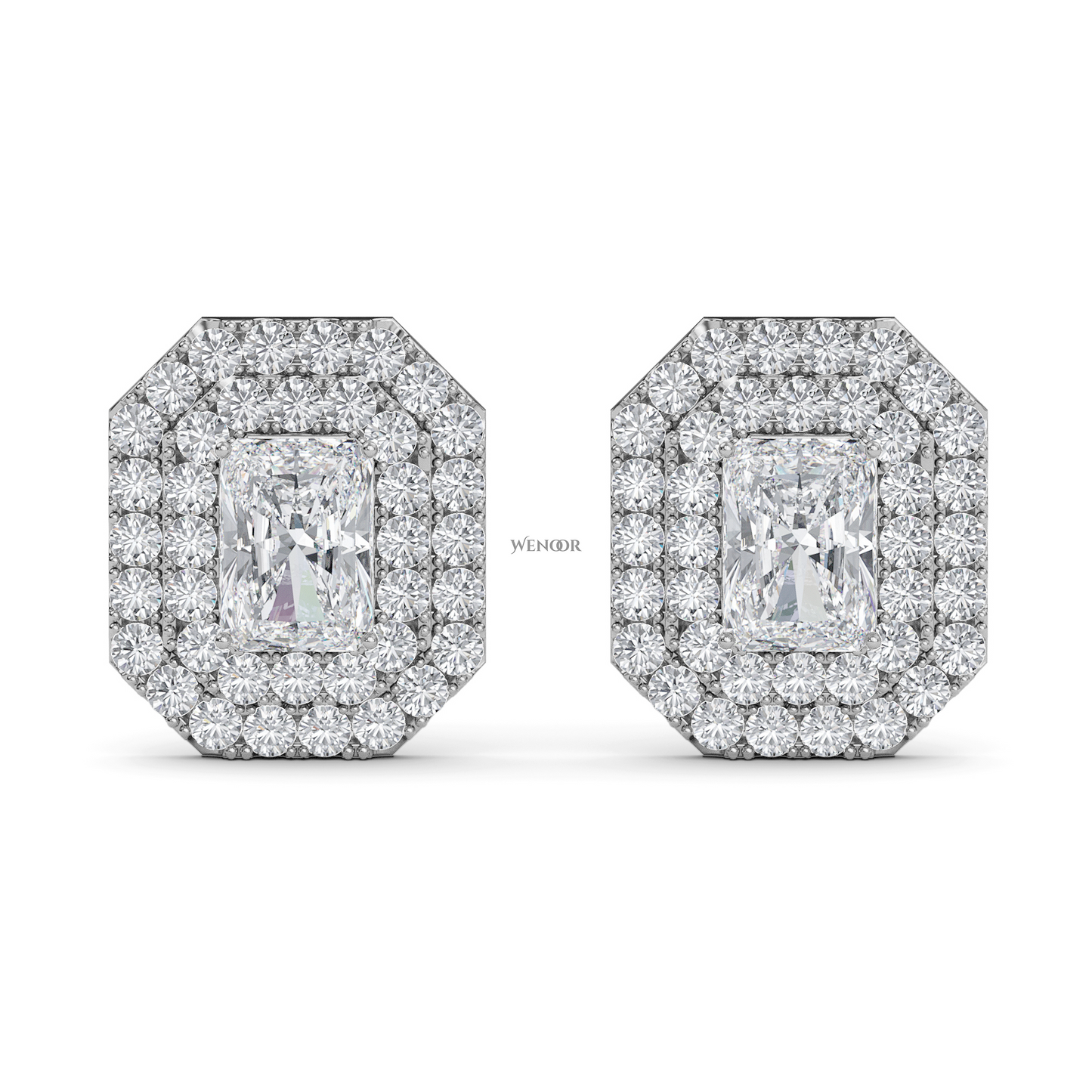 Radiant cut double halo Art Deco lab grown diamond stud earrings for women