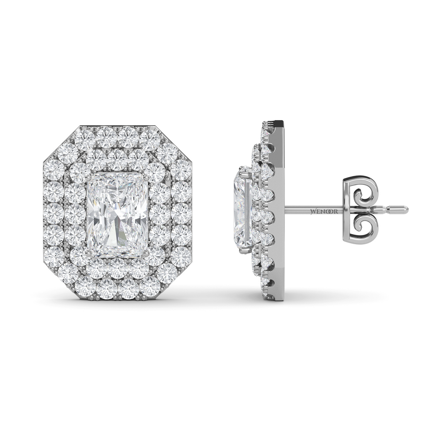 Radiant cut double halo Art Deco lab grown diamond stud earrings for women