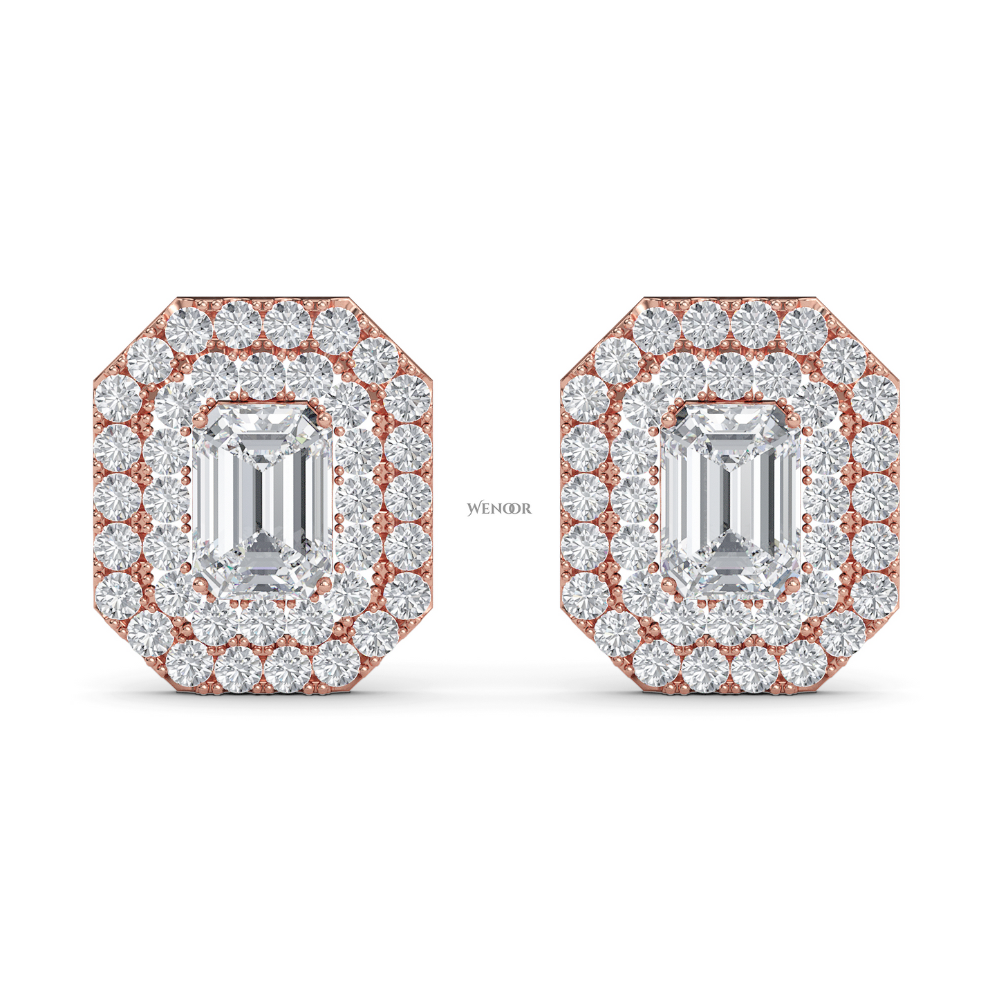 Ethical emerald cut lab grown diamond studs with two rows of round diamonds set in 14K rose gold