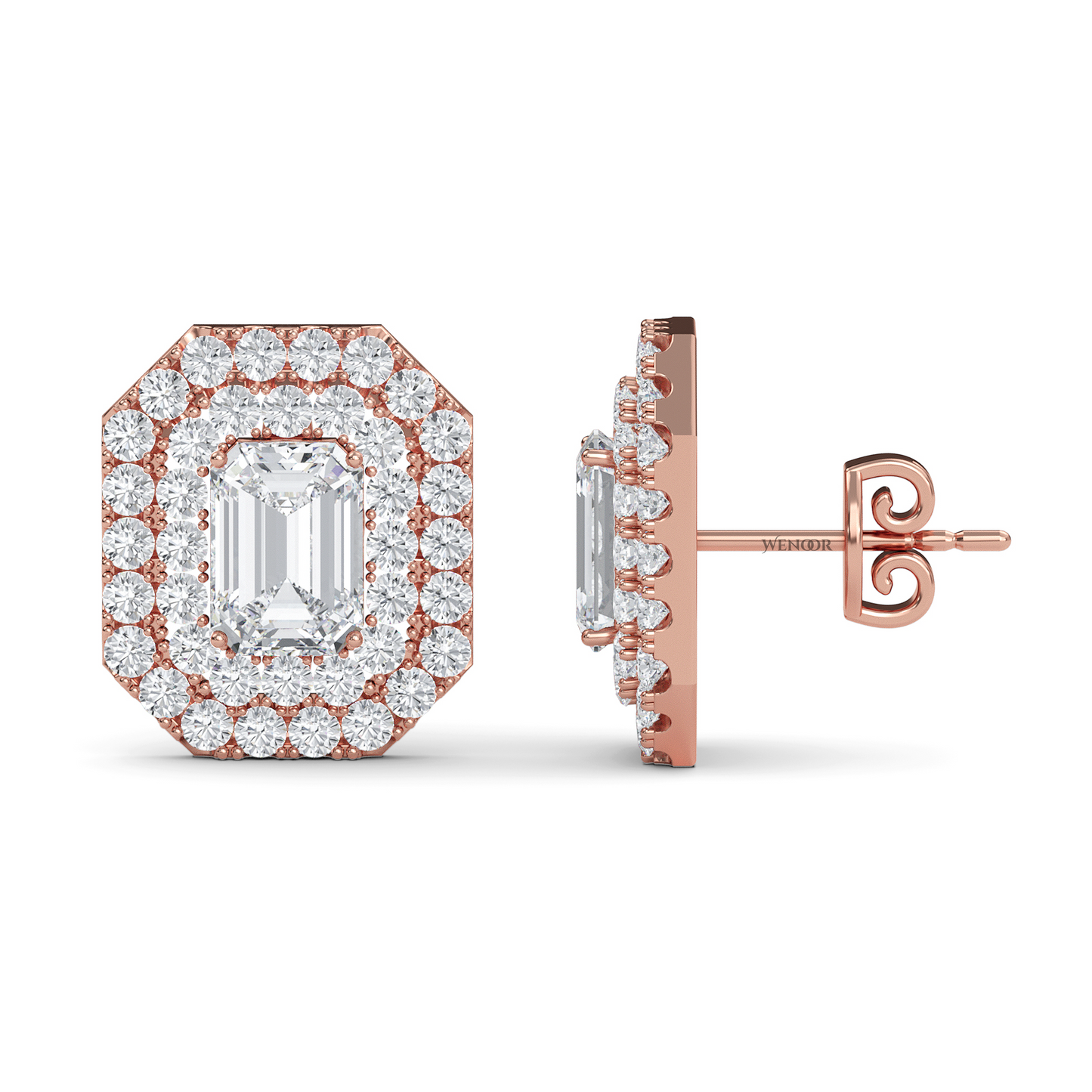 Ethical emerald cut lab grown diamond studs with two rows of round diamonds set in 14K rose gold