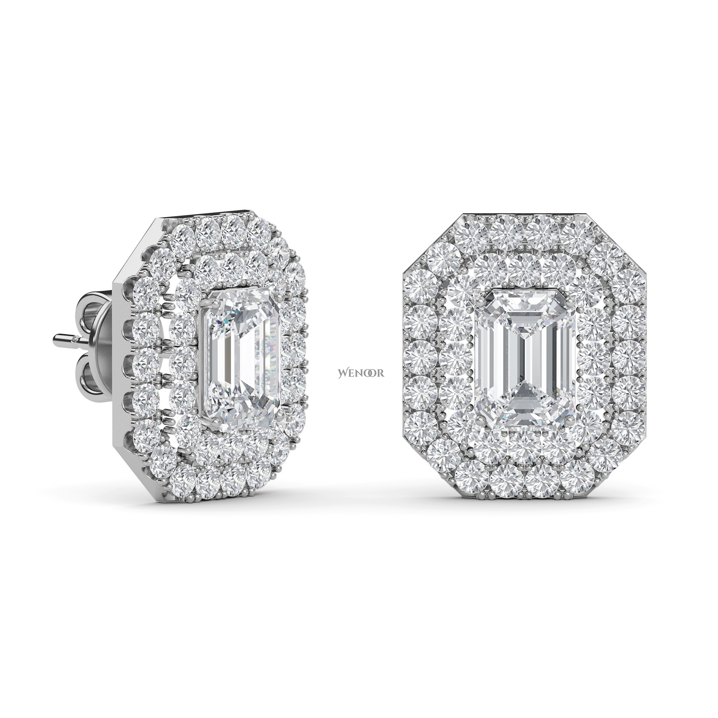 Ethical emerald cut lab grown diamond studs with two rows of round diamonds set in 14K white gold