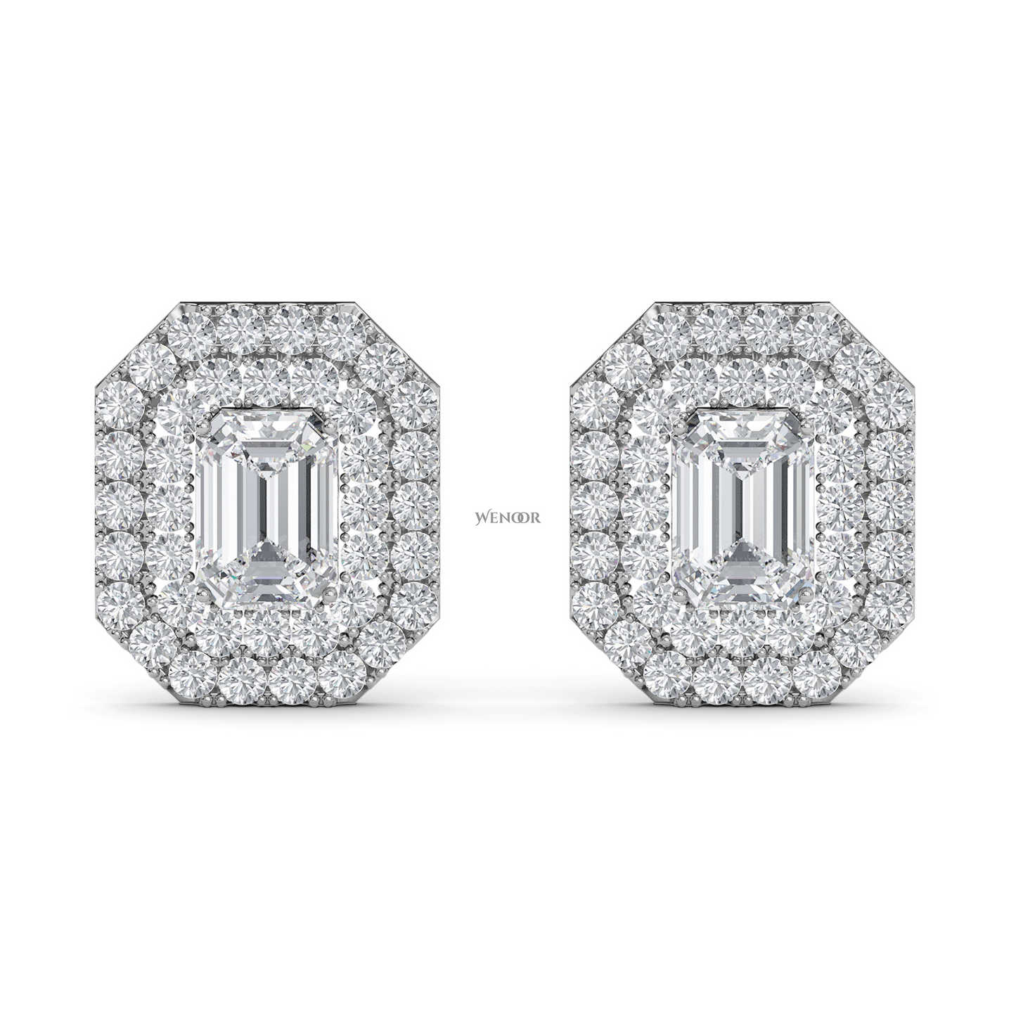 Ethical emerald cut lab grown diamond studs with two rows of round diamonds set in 14K white gold