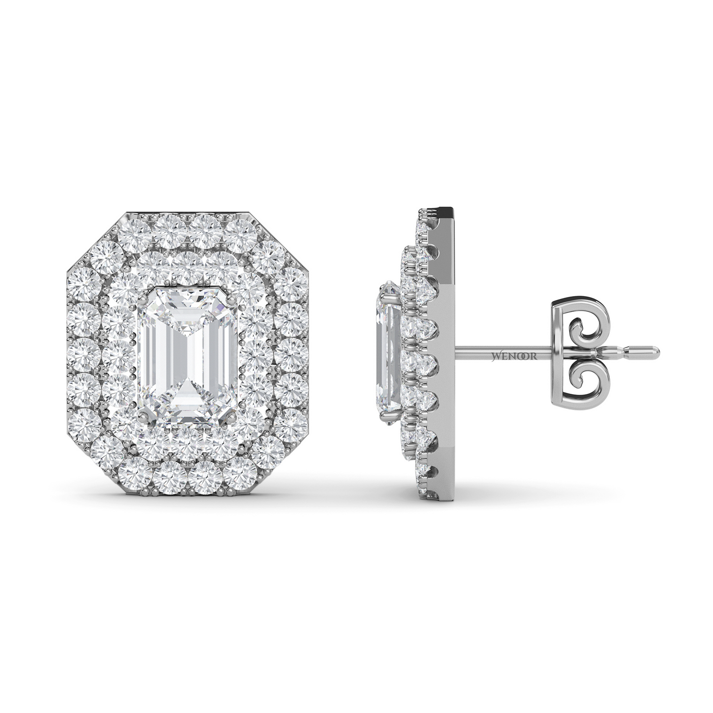 Ethical emerald cut lab grown diamond studs with two rows of round diamonds set in 14K white gold