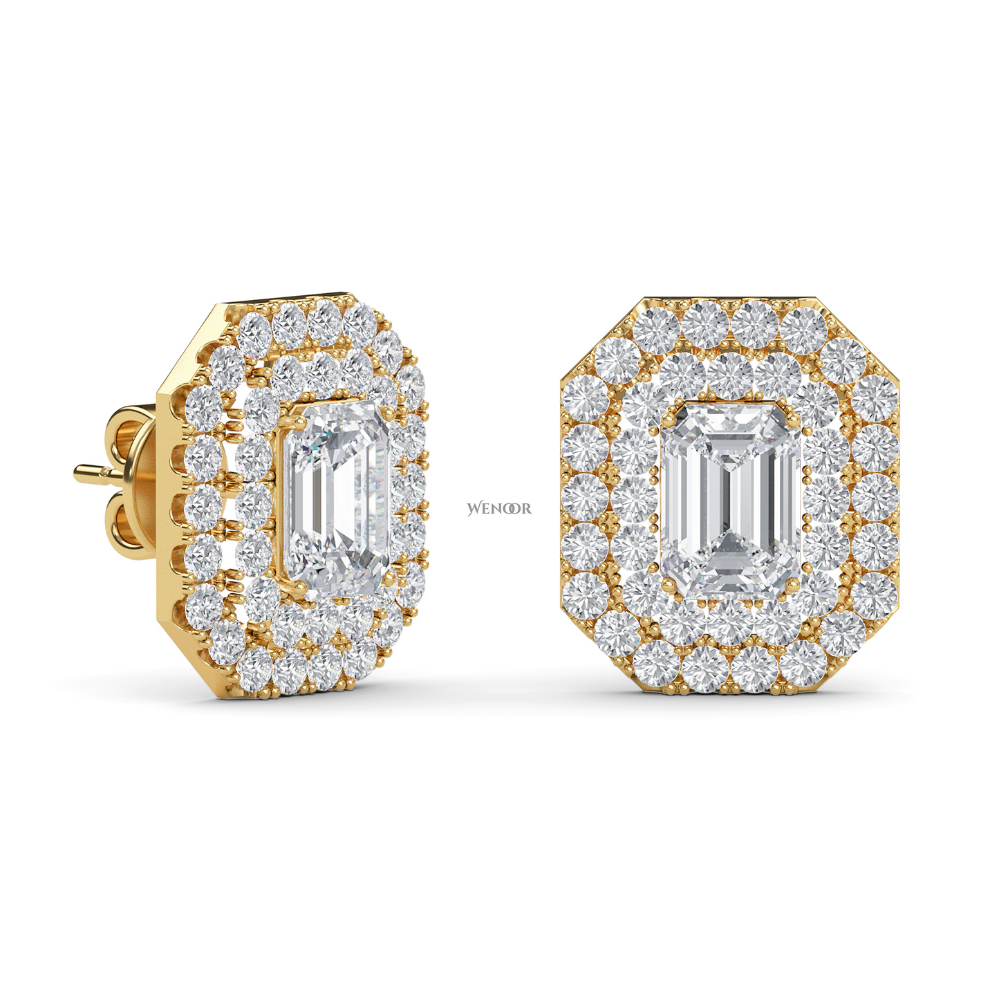 Ethical emerald cut lab grown diamond studs with two rows of round diamonds set in 14K yellow gold