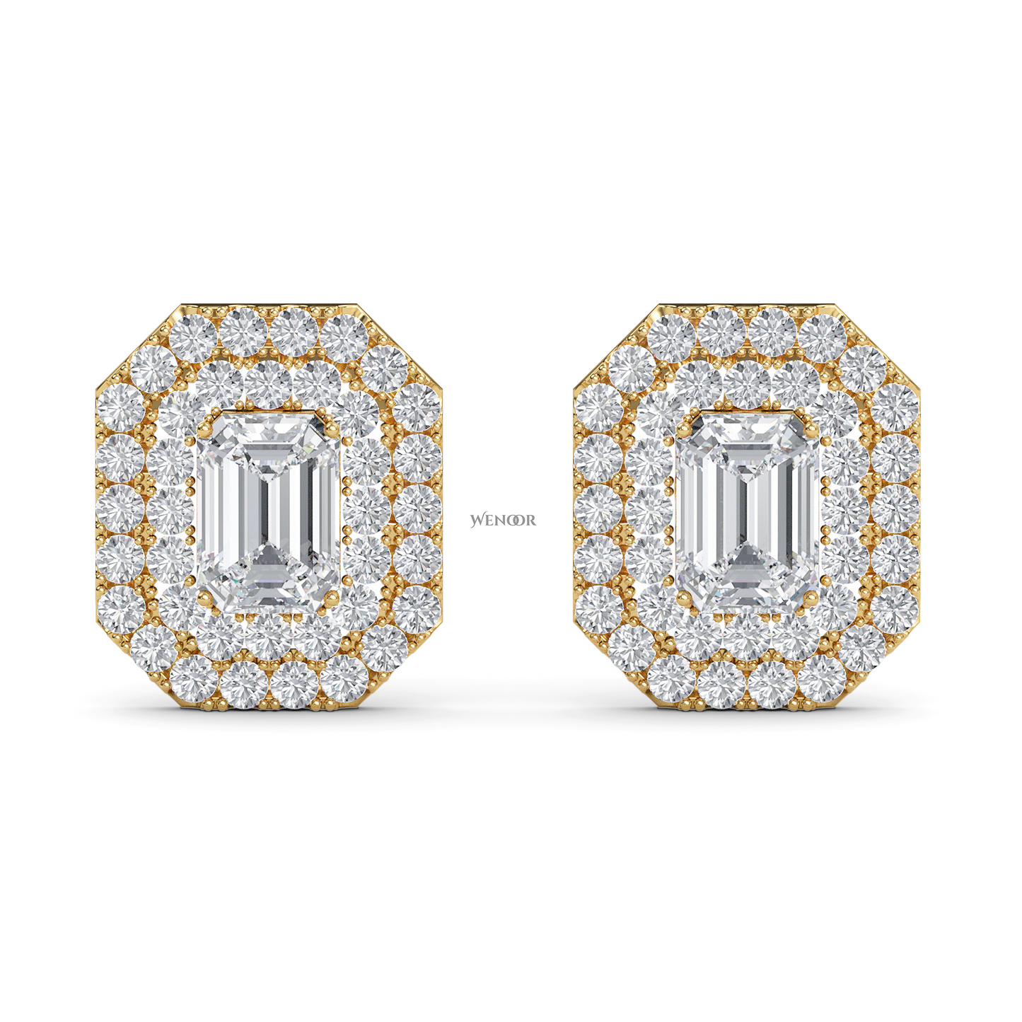 Ethical emerald cut lab grown diamond studs with two rows of round diamonds set in 14K yellow gold