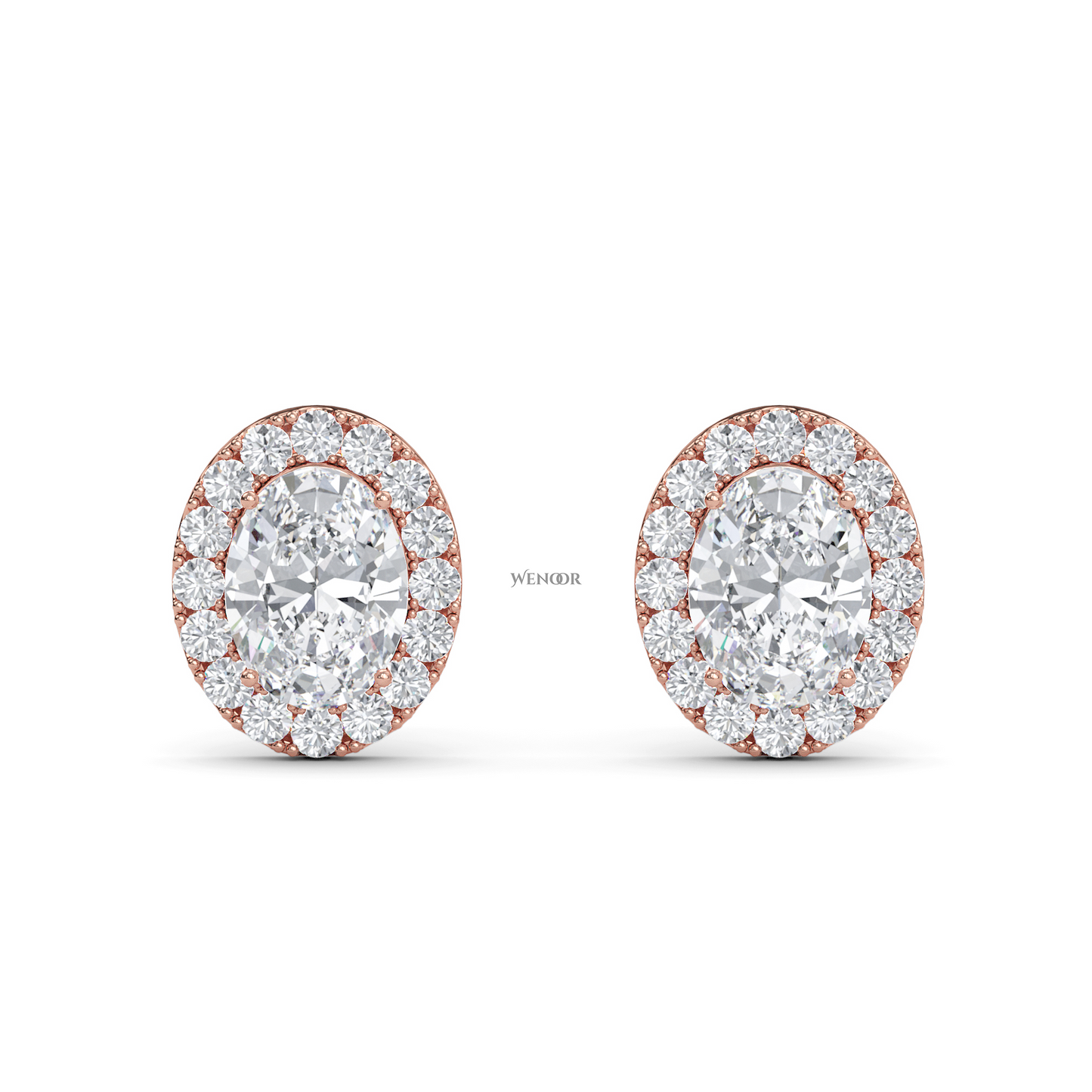 Oval Shape Halo Lab Grown Diamond Stud Earrings - halo of round brilliant lab diamonds, set in premium 14K gold.