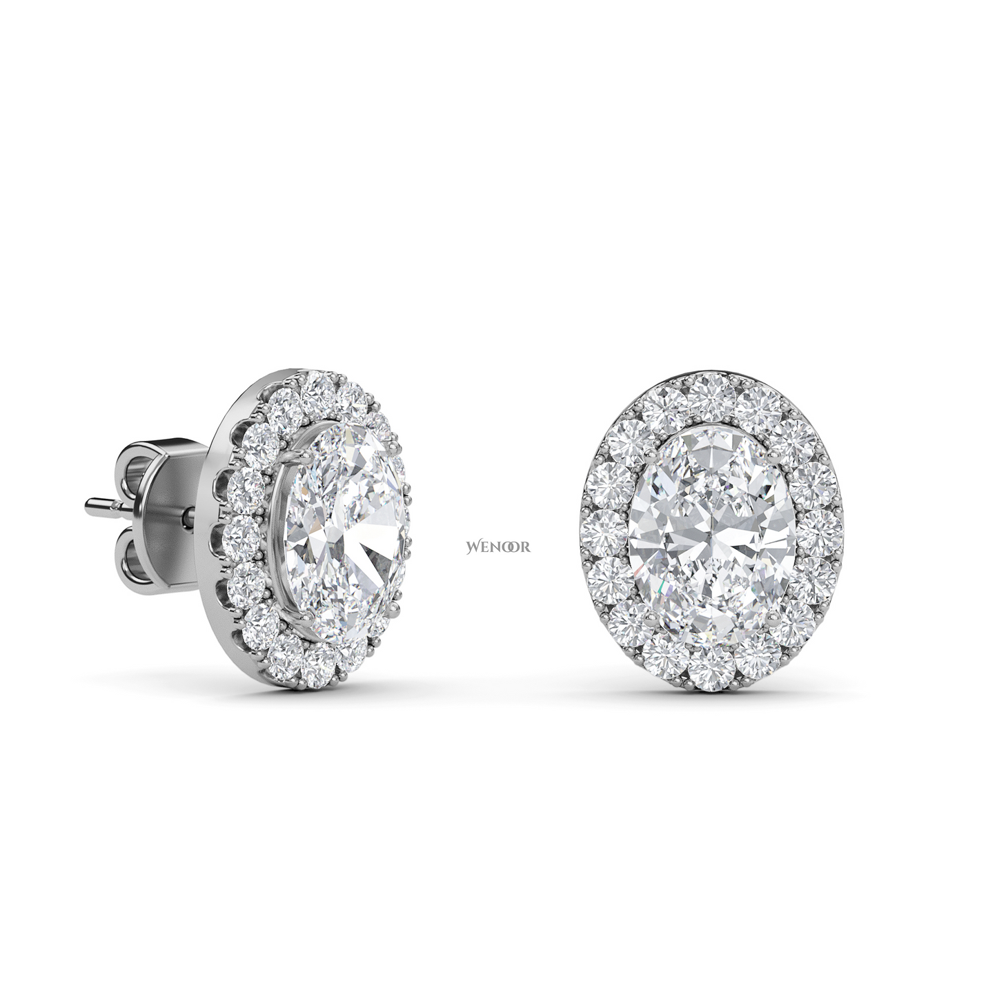 Oval Shape Halo Lab Grown Diamond Stud Earrings - halo of round brilliant lab diamonds, set in premium 14K gold.