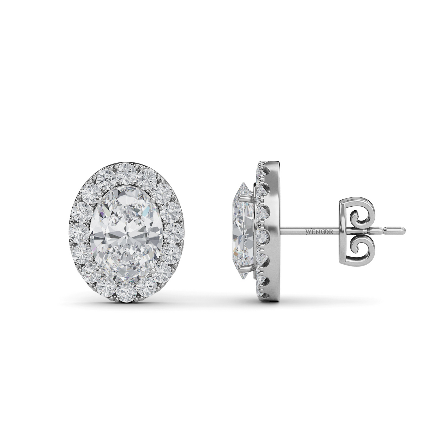 Oval Shape Halo Lab Grown Diamond Stud Earrings - halo of round brilliant lab diamonds, set in premium 14K gold.